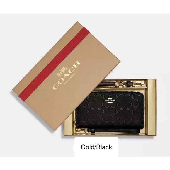 NEW BOXED Coach Leather Long Zip Around Wallet Black Signature Charm MSRP $328